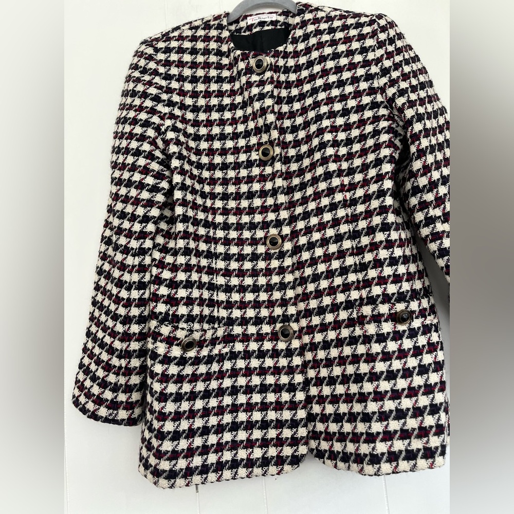 VTG Talbots Wool Tweed Blazer Black White Purple Red Houndstooth Blazer Size 12 - Picture 11 of 16